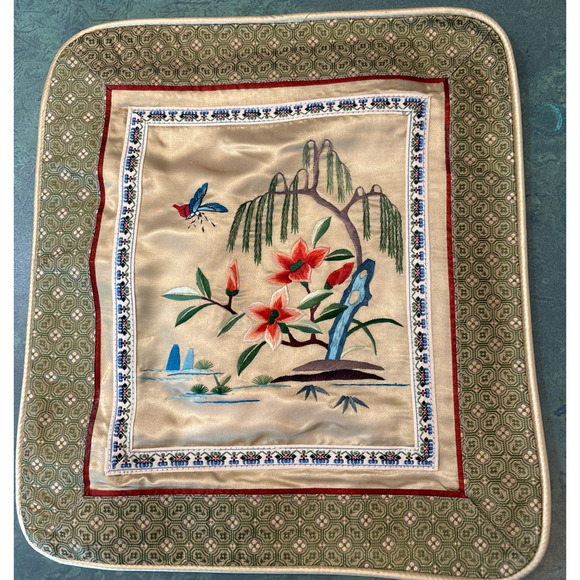 Toss pillow cover silky rayon satin hand embroidery golden square zips closed - Picture 9 of 10